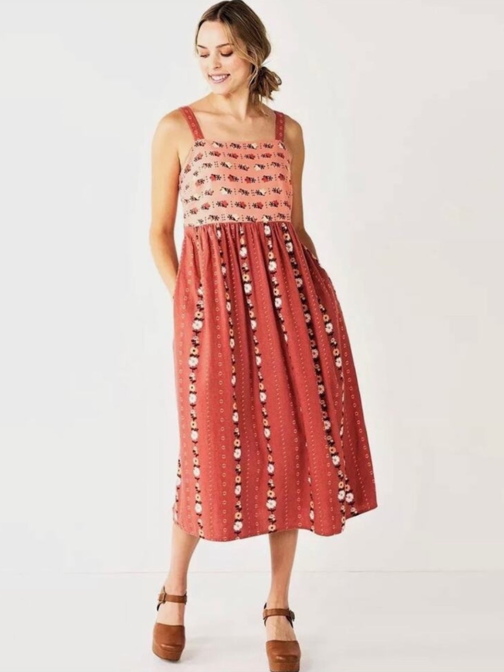 Sonoma Floral Linen Blend Midi Cami Sundress Rust Pink Medium